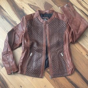 Stylish Brown Leather Checkered Women's Jacket